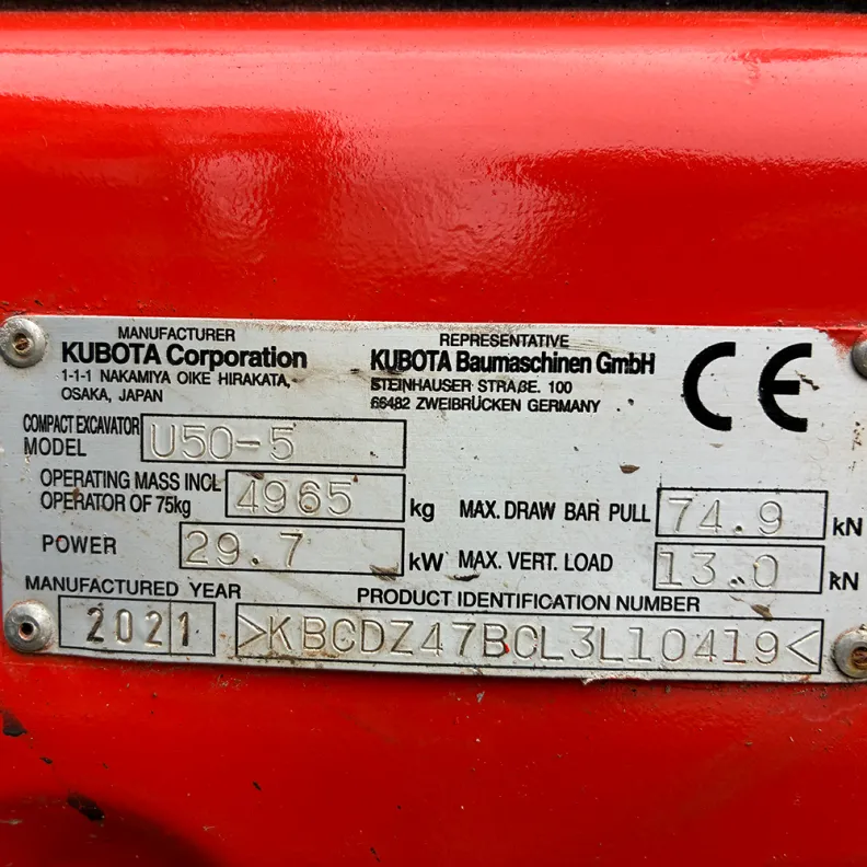 5T Excavator Kubota U50-5 High Spec Air Con & Reversing camera